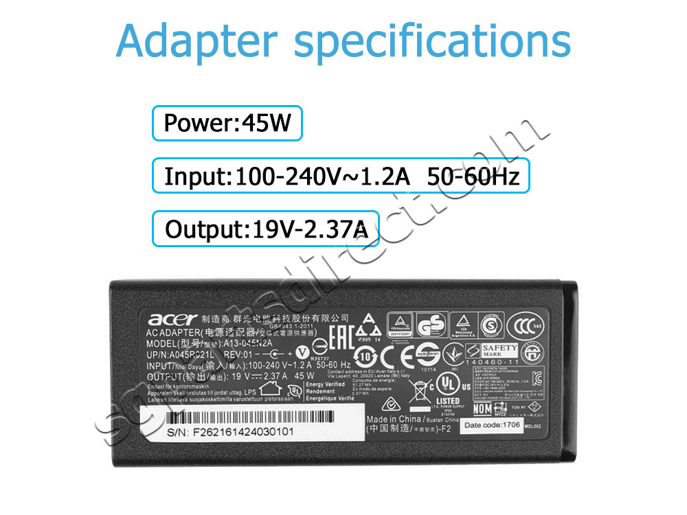 NEW Original 45W Acer Spin 3 SP314-21 Power Adapter + Cable - Click Image to Close